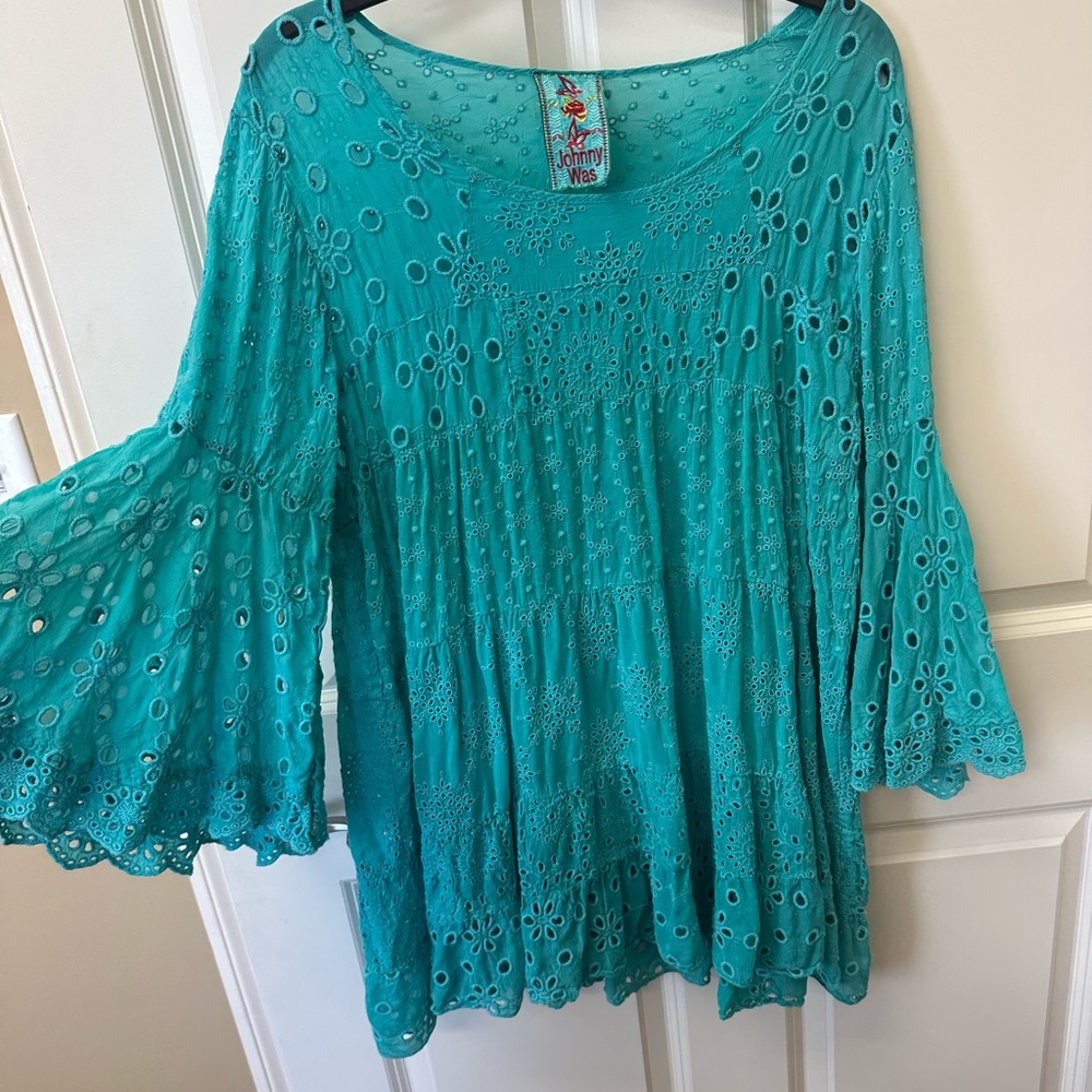 Johnny Was Blue Bell Sleeve Ruffled Blouse